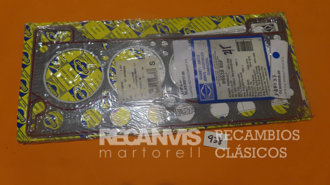 GLAH5938-00 JUNTA CULATA RENAULT 5 (122_) 1.3 (1225) 42cv [09/1976 - 09/1979] 5 (122_) 1.3 (1225, 1395) 45cv [06/1979 - 09/1984] 5 (122_) 1.3 Automatik (1225, 1395) 54cv [06/1979 - 09/1984] 5 (122_) 1.3 (1224, 1394) 64cv [09/1975 - 09/1984